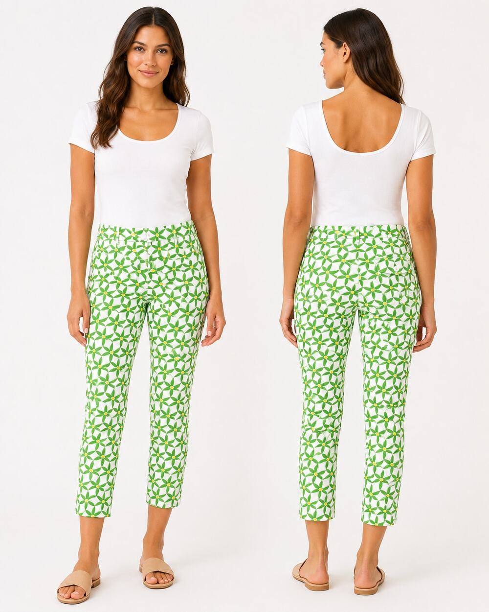 Lilly Pulitzer Floral Print Cotton Pique Cropped Pants White Green Yellow Size 0